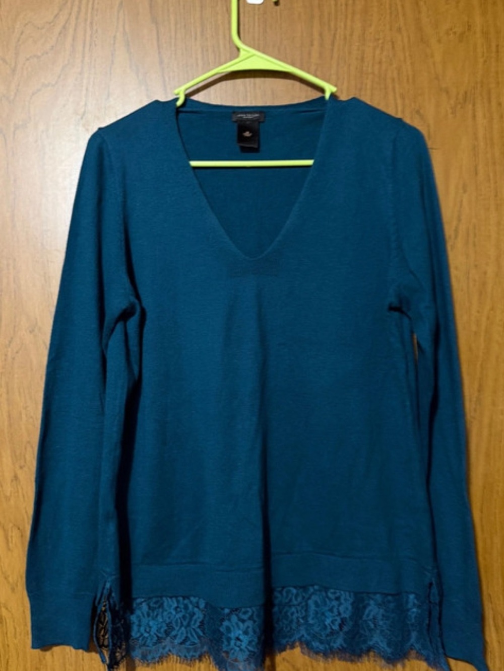 Ann Taylor Factory Teal V-Neck Long Sleeve Top with Lace Hem